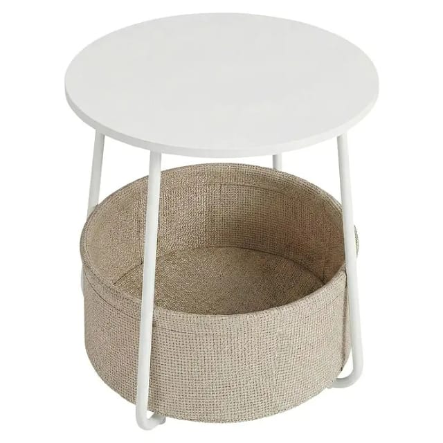Songmics Beistelltisch Lilea mit Korb Rund Weiß-Beige