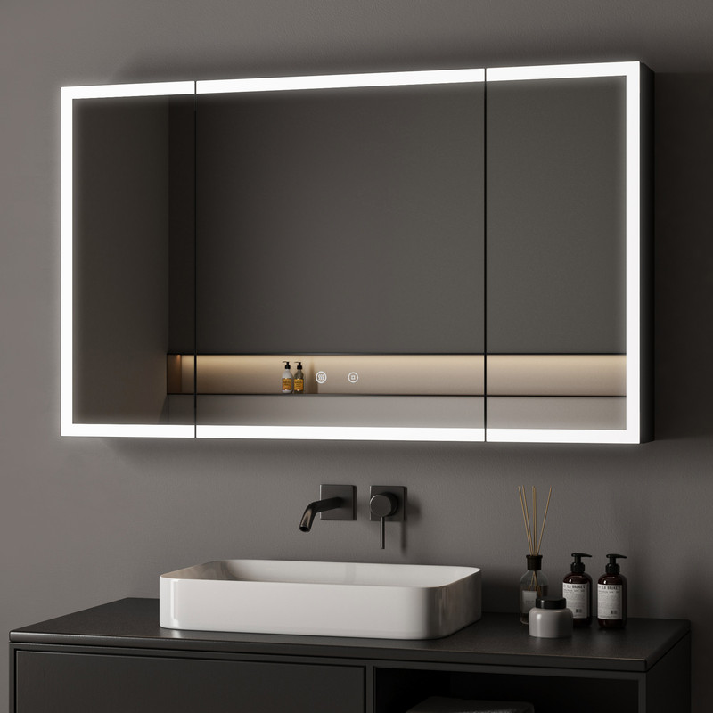 Großer Spiegelschrank Bad Mit Beleuchtung 100x60 Cm, Led Spiegelschrank Mit Beleuchtung Badezimmerschrank Hängeschränke Mit 3 Einstellbare Lichtfarben, Beschlagfrei, Komplett Vormontiert, Schwarz