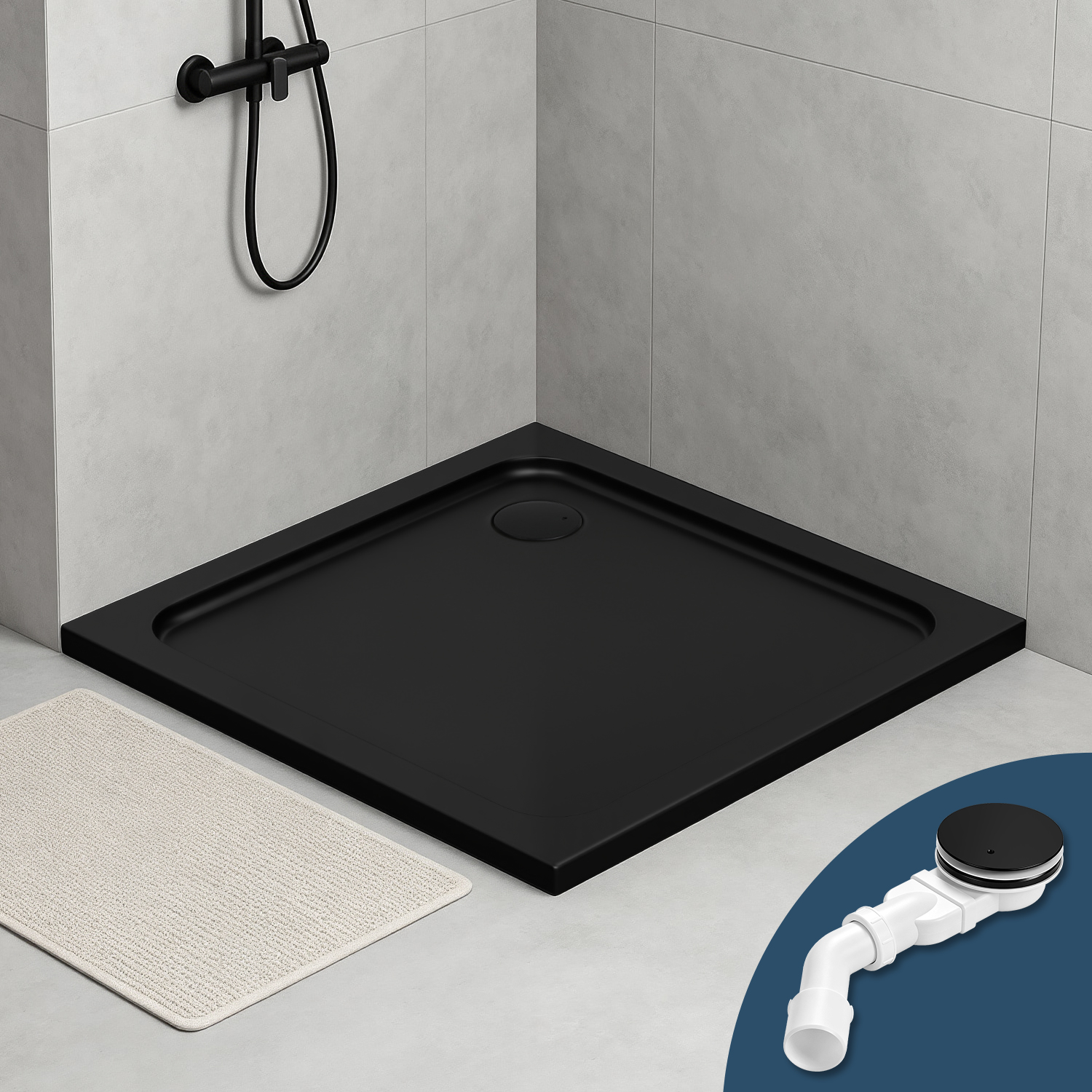 Wolketon Acryl Duschtasse 90x90 Cm Mattschwarz, 4 Cm Flach, Ablauf Mit Haarfilter