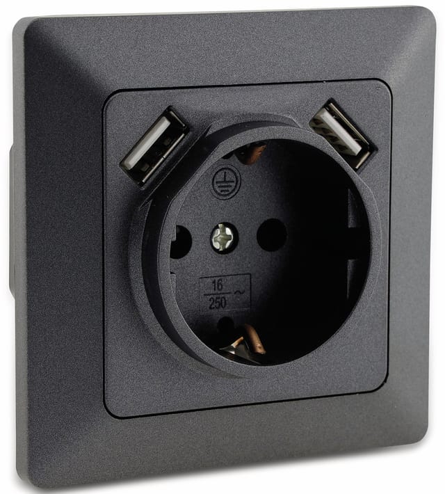 ChiliTec MILOS Steckdose mit 2x USB 1A Anthrazit mit Rahmen