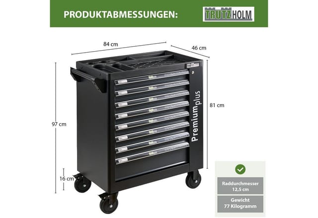TRUTZHOLM Werkzeugwagen Premium XXL 7 Schubladen Gefüllt mit Werkzeug Abschließbar Anthrazit