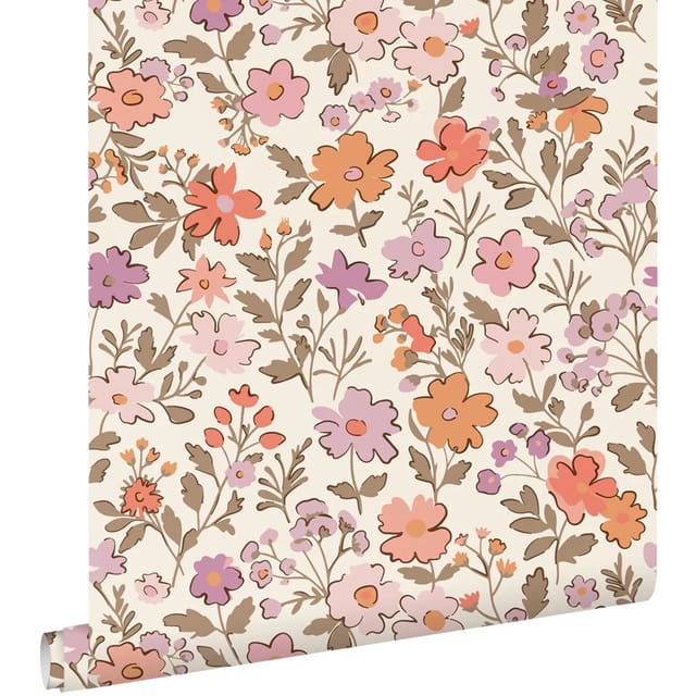 ESTAhome Tapete Blumen Lila und Orange 53 cm x 10.05 m