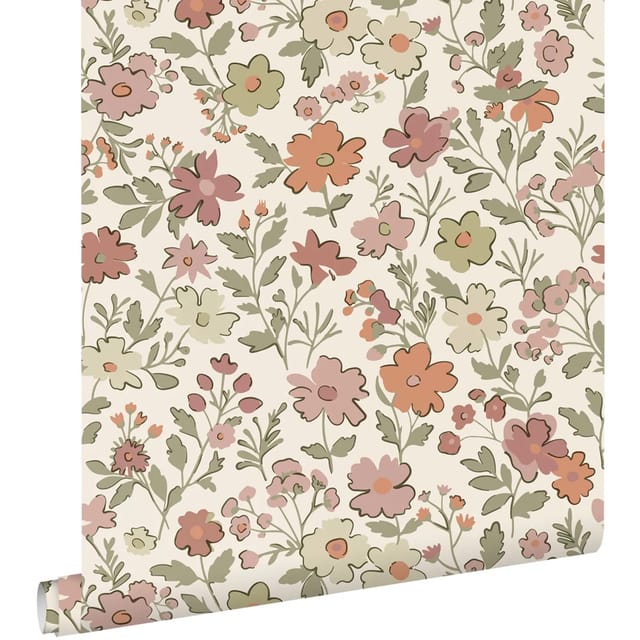ESTAhome Tapete Blumen Terrakotta Grün und Weiß 50 x 900 cm