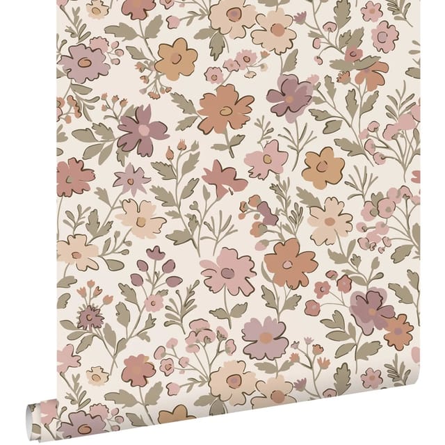ESTAhome Tapete Blumen Aubergineviolett Graugrün und Terrakotta 53 cm x 10.05 m