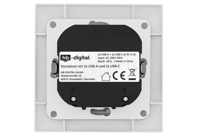 hb-digital Wandsteckdose Unterputz mit 2x USB-A und 1x USB-C Ports Weiß