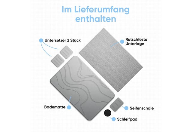 Björn&Schiller Badematte 60x39 cm Kieselgur Steinmatte Grau für Badezimmer