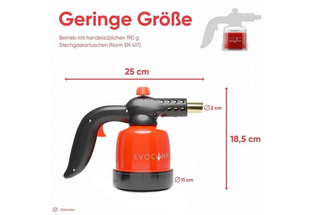 EVOCAMP Gasbrenner 1,3 kW mit Piezozündung 1300 °C Flamme und 4 190 g Gaskartuschen