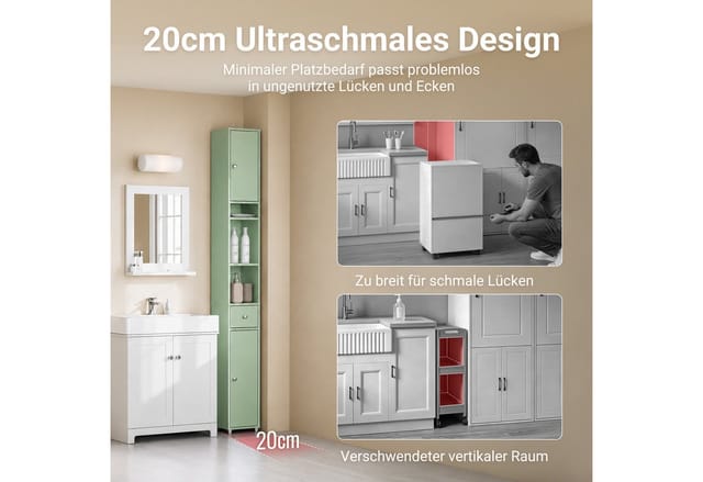 SoBuy Badezimmerschrank Hochschrank Badregal mit 6 Einlegeböden 20x180x20cm Hellgrün BZR34-II-GR