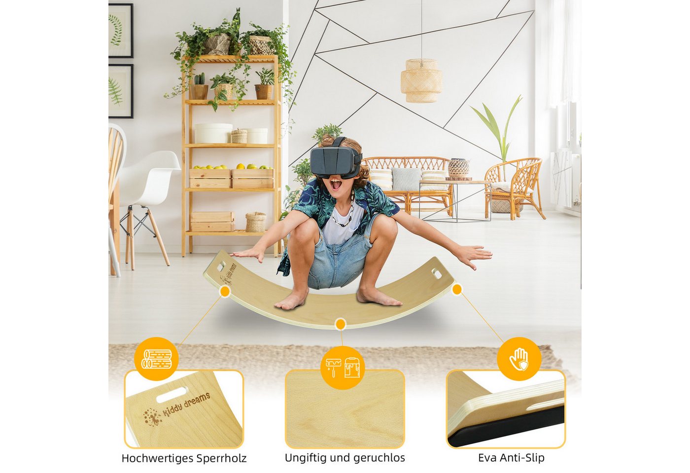 CCLIFE Holz Balance Board Wackelbrett Kinder Baby3 Jahre mit EVA Matte Montessori Spielzeug 85x30cm Holzfarbe Bild 5