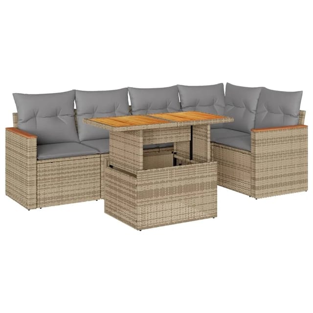 vidaXL 6-Tlg Garten-Sofagarnitur mit Kissen Beige Poly Rattan Akazie 3327489