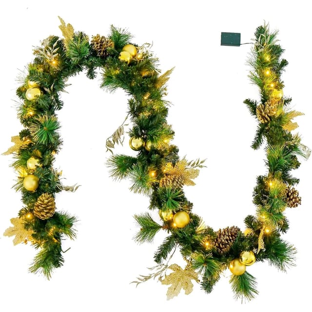 Costway Weihnachtsgirlande mit 50 Leds Warmweiß 270cm Goldenen Kugeln