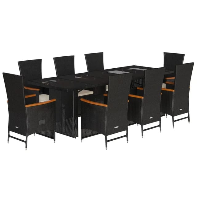vidaXL 9-Tlg Garten-Essgruppe mit Kissen Schwarz Poly Rattan 3277535