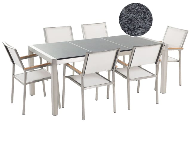 Beliani Gartentisch Set GROSSETO Poliert Grau Weiss Silber 90x180x87