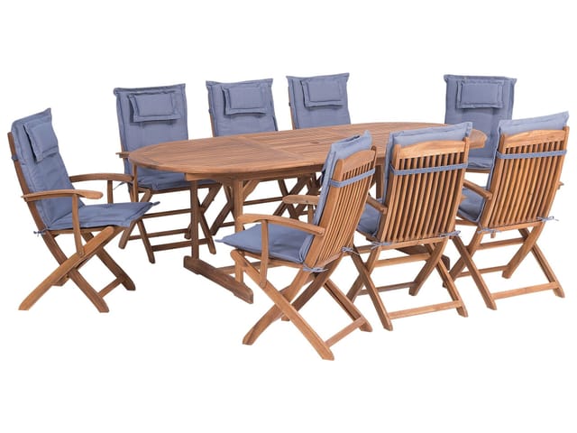Beliani Gartentisch Set MAUI Heller Holzfarbton Blau 85x220x93