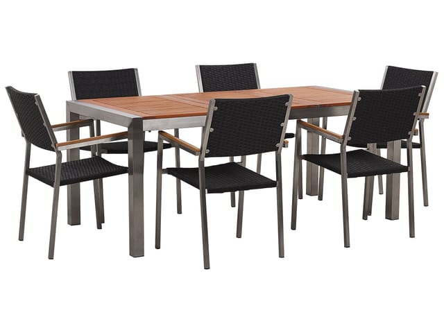 Beliani Gartentisch Set GROSSETO Heller Holzfarbton Schwarz Silber 90x180x88