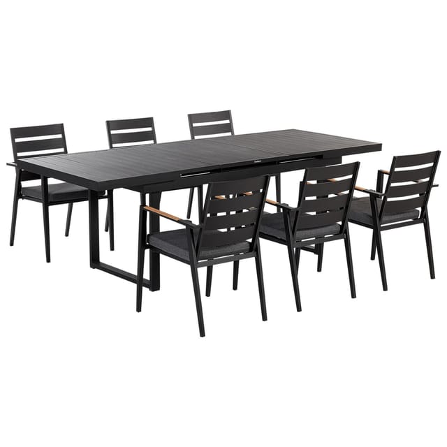 Beliani Gartentisch Set VALCANETTO/TAVIANO Schwarz Grau Heller Holzfarbton 90x240x86