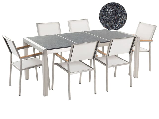 Beliani Gartentisch Set GROSSETO Gebürstet Grau Weiss Silber 90x180x87