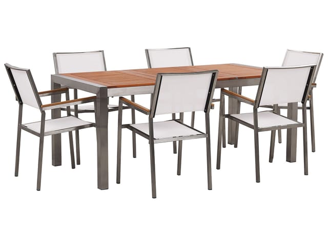 Beliani Gartentisch Set GROSSETO Heller Holzfarbton Weiss Silber 90x180x87