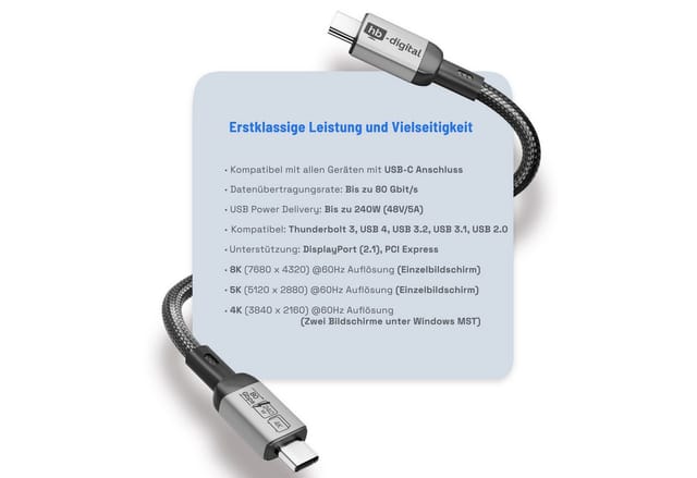 hb-digital 1m USB-C auf USB-C Kabel 240W 80Gbps USB-4 Schwarz