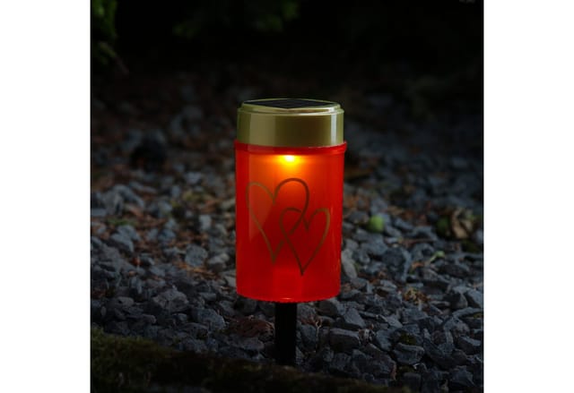 Marelida LED Solar Grablicht Grabkerze Herz Mit Erdspieß Grableuchte Mit Sensor Rot