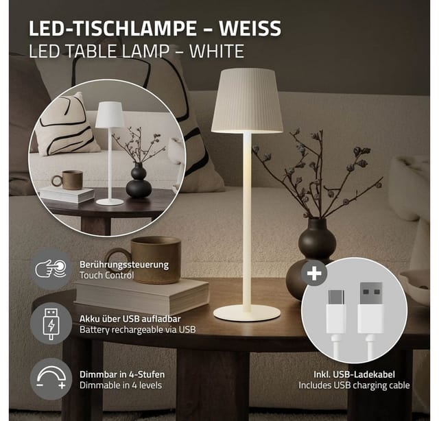 ML-Design LED Tischlampe Kabellos mit Touch Weiß Ø10x36 cm Dimmbar