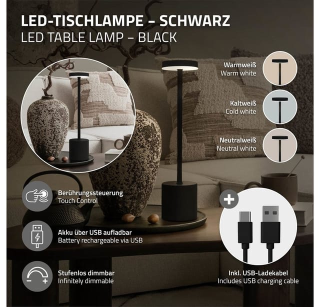 ML-Design LED Tischlampe Kabellos Touch Schwarz Ø8x34,5 cm Dimmbar