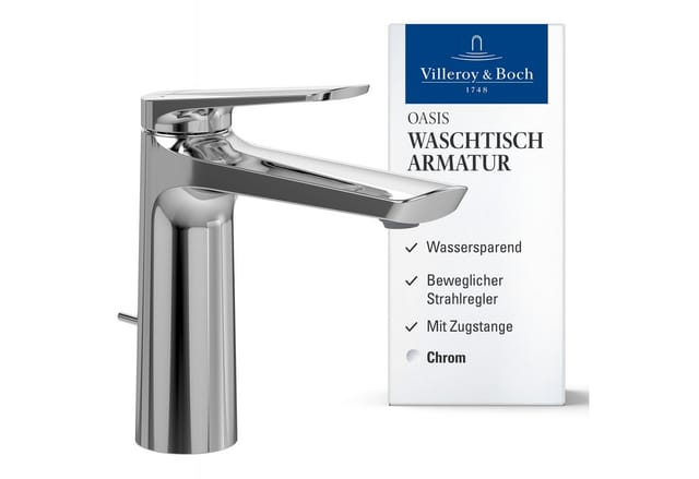 Villeroy & Boch Oasis Waschtischarmatur mit Zugstange und Keramikkartusche Wassersparend Auslaufhöhe 114MM Rund Chrom