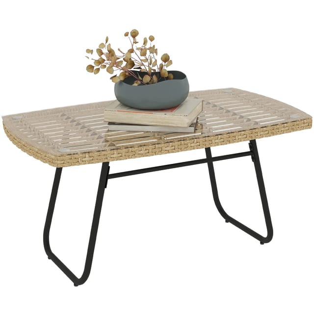 Outsunny Rattan-Gartentisch Stahl PE-Rattan 90L x 50B x 45H cm Naturholz