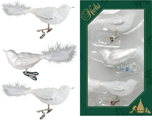 Krebs Glas Lauscha GmbH Christbaumschmuck Glas Vögel Clip 11 cm 3 Stück Weiß