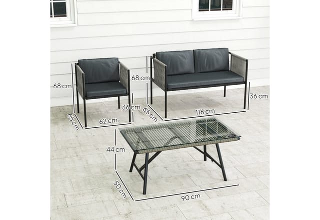 Outsunny Rattan Gartenmöbel-Set Stahl PE-Rattan 116L x 65B x 68H cm Grau