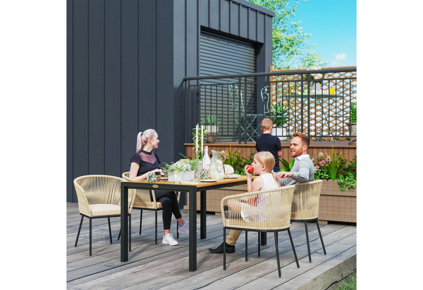 Outsunny Rattan Gartenmöbel-Set Akazienholz 140L x 80B x 74H cm Naturholz+Khaki