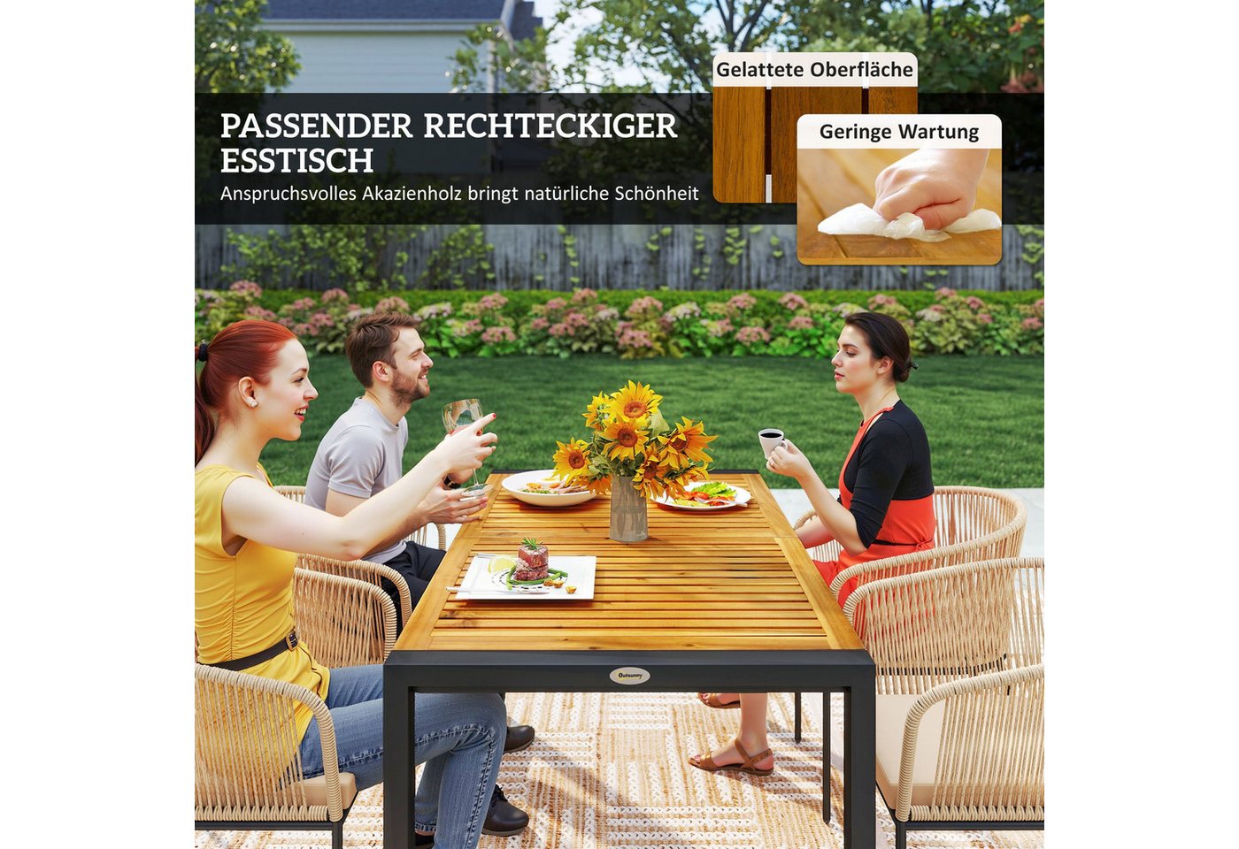Outsunny Rattan Gartenmöbel-Set Akazienholz 140L x 80B x 74H cm Naturholz+Khaki Bild 2