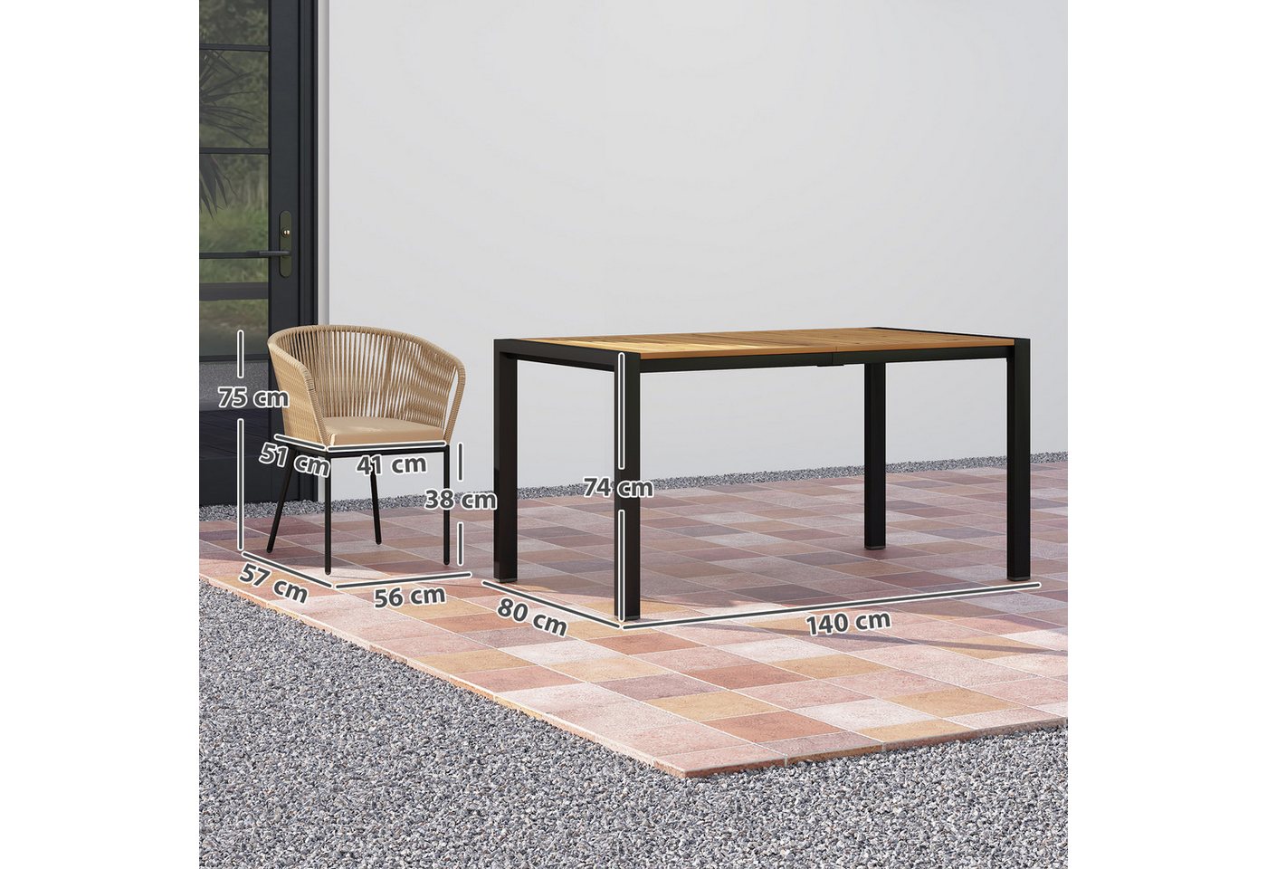 Outsunny Rattan Gartenmöbel-Set Akazienholz 140L x 80B x 74H cm Naturholz+Khaki Bild 5