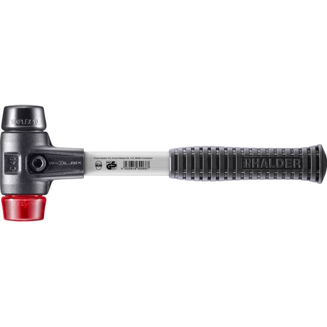 Halder Simplex Schonhammer Ø 40 mm Gummi Schwarz Plastik Rot mit Verstärktem Tempergussgehäuse und FiberglasStiel