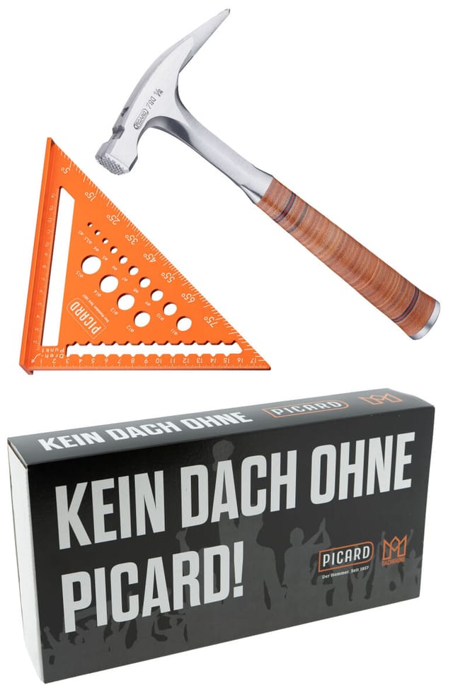 Picard x DACHKRONE Set 3 Picard Ganzstahl-Latthammer Nr. 790 1 2 und Zimmermannswinkel 180mm mit Bohrlehre