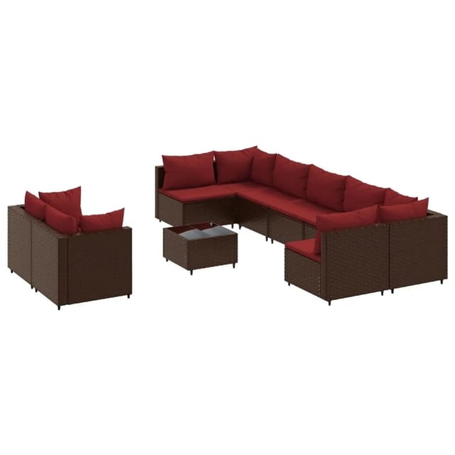 vidaXL 10-Tlg Garten-Sofagarnitur mit Kissen Braun Poly Rattan 3308309