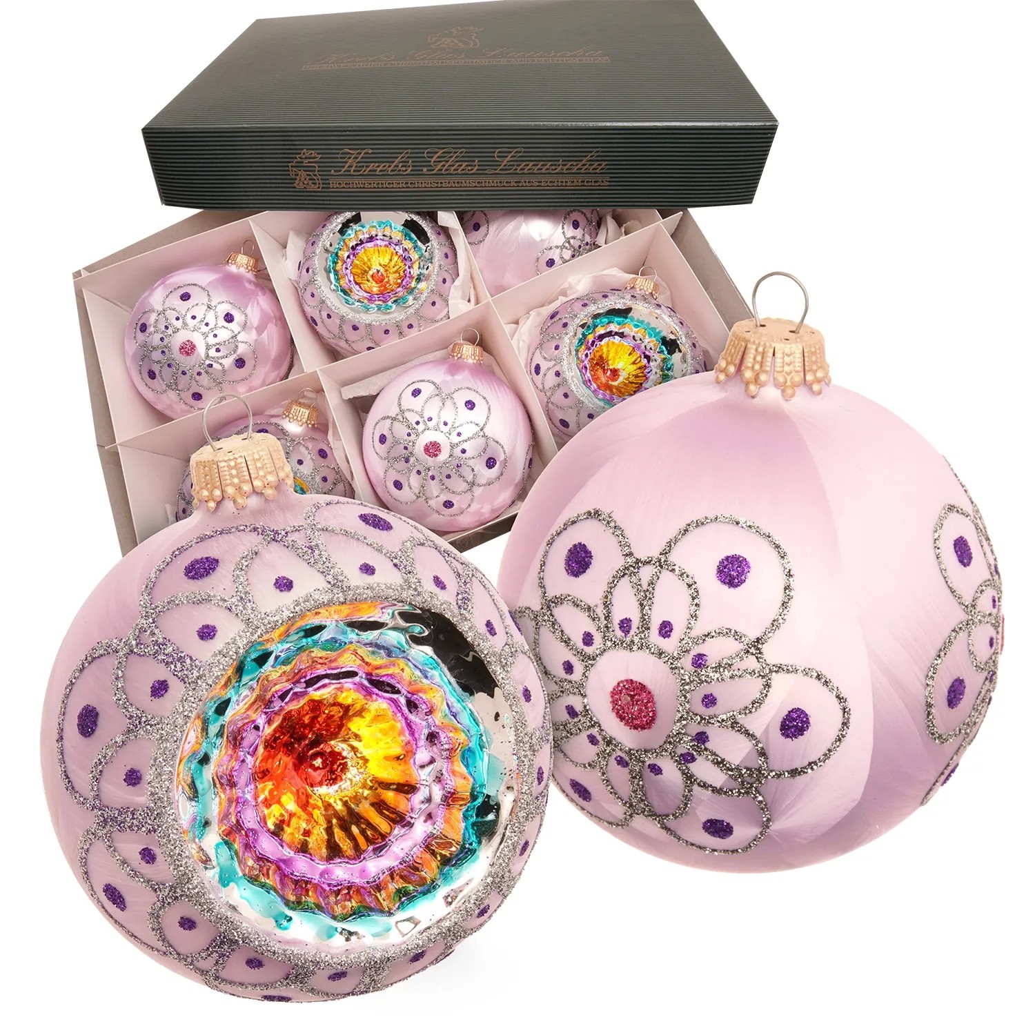 Krebs Glas Lauscha Weihnachtskugeln Reflexset Pastell Violett 8cm