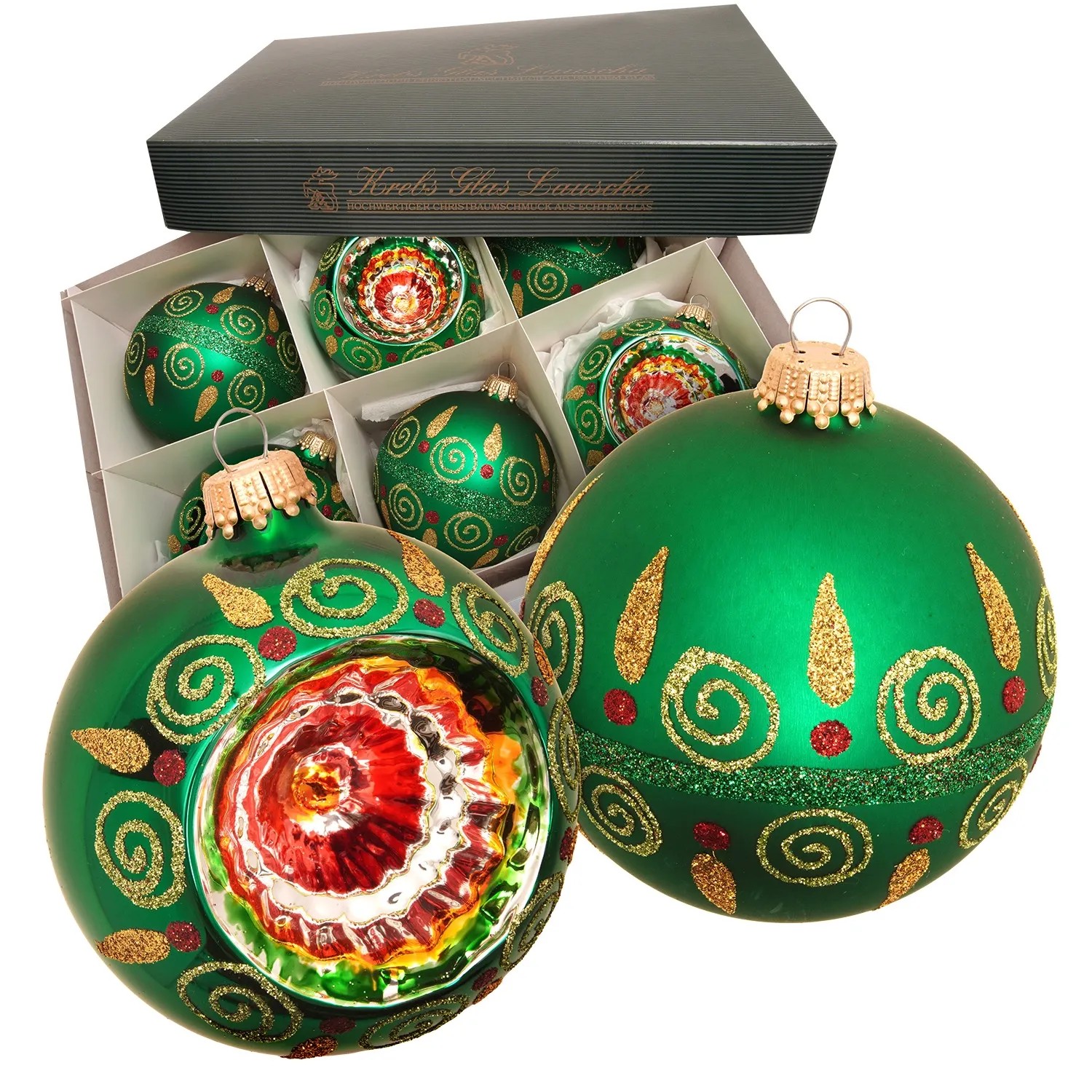 Krebs Glas Lauscha Weihnachtskugeln Reflexset Eva Wirbeldekor Grün 8cm