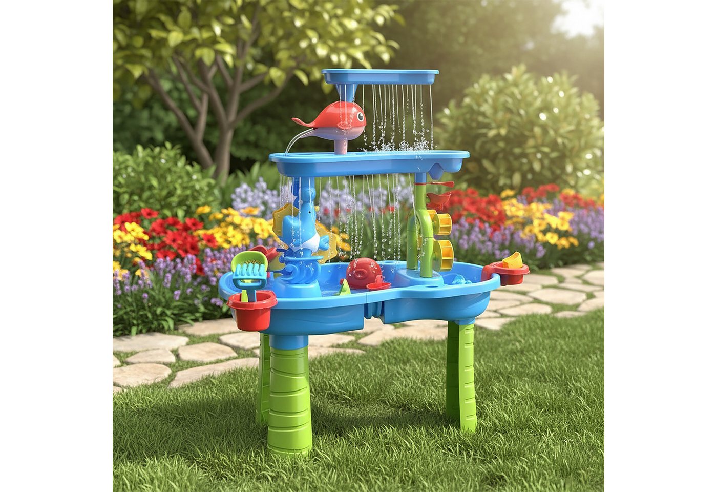 Relaxdays Wasserspieltisch Kunststoff Bunt 3 Ebenen mit Zubehör 85 cm x 63 cm x 42,5 cm 2,6 kg Bild 2