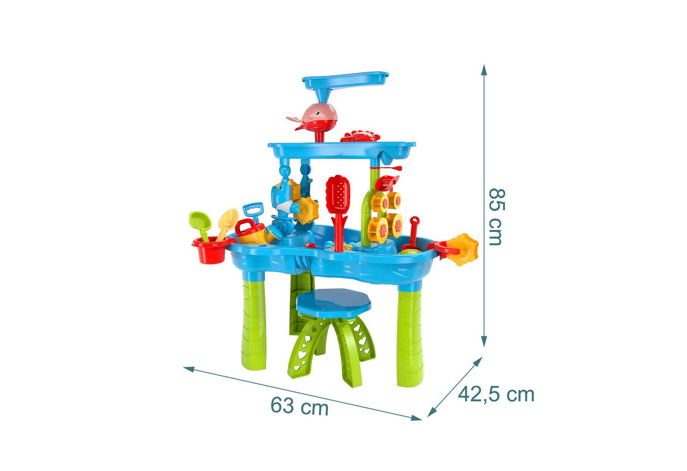 Relaxdays Wasserspieltisch Kunststoff Bunt 3 Ebenen mit Zubehör 85 cm x 63 cm x 42,5 cm 2,6 kg Bild 3