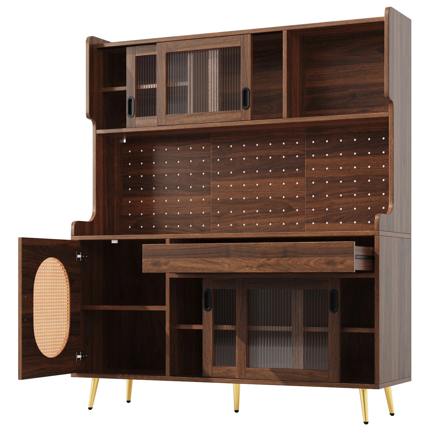 okwish Buffetschrank mit LED Lichtleiste Landhaus Küche 145x39x171cm Braun