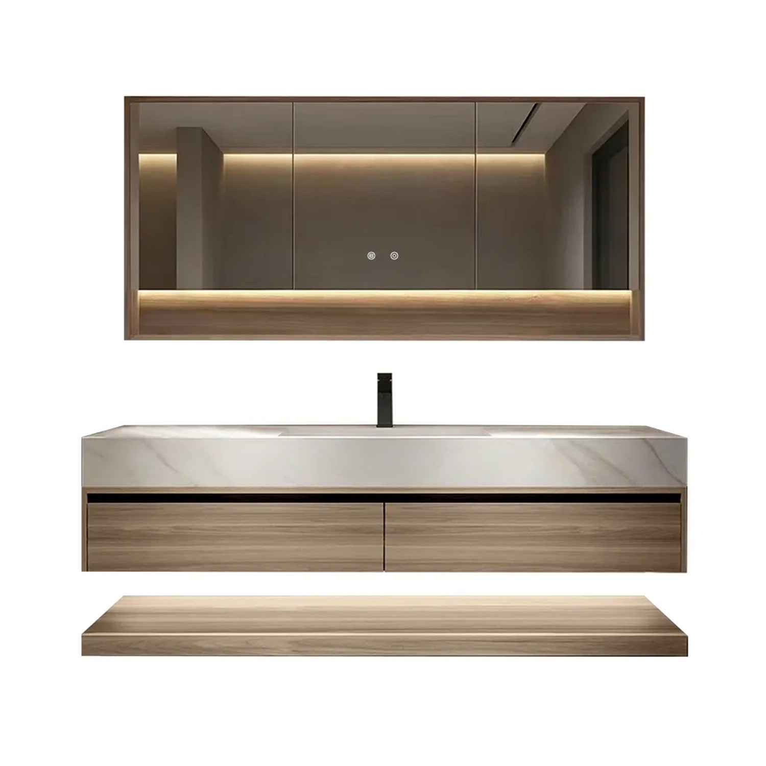 360Home Sinterstein Waschbecken Weiß Arbeitsplatte Holzmaserung Unterschrank Set Mit Spiegelschrank RW3256JG120