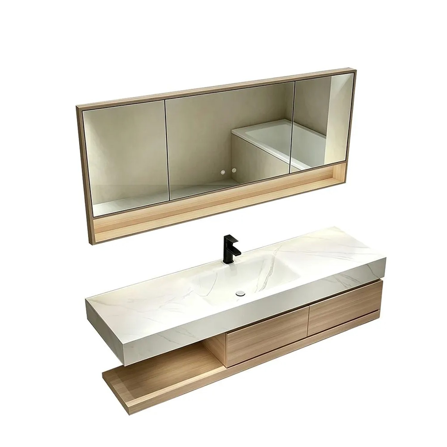 360Home Badmöbel Set Mit Sinterstein Waschbecken Wandhängendem Unterschrank Und Spiegelschrank 120 CM RW2032JG120K