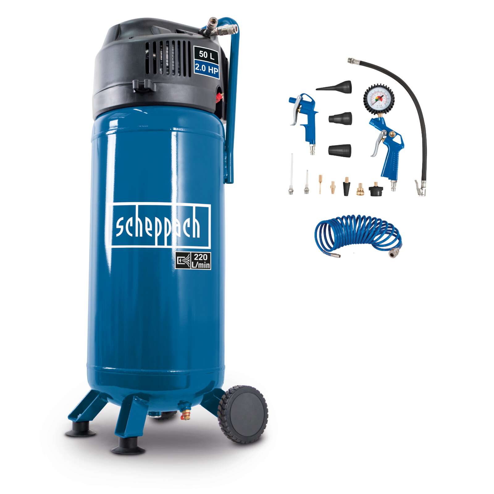 Kompressor HC51V Scheppach - 1500W | 50L Kessel | 10bar max. Arbeitsdruck | inkl. 13 tlg. Zubehörset und 8m Schlauch Bild 2