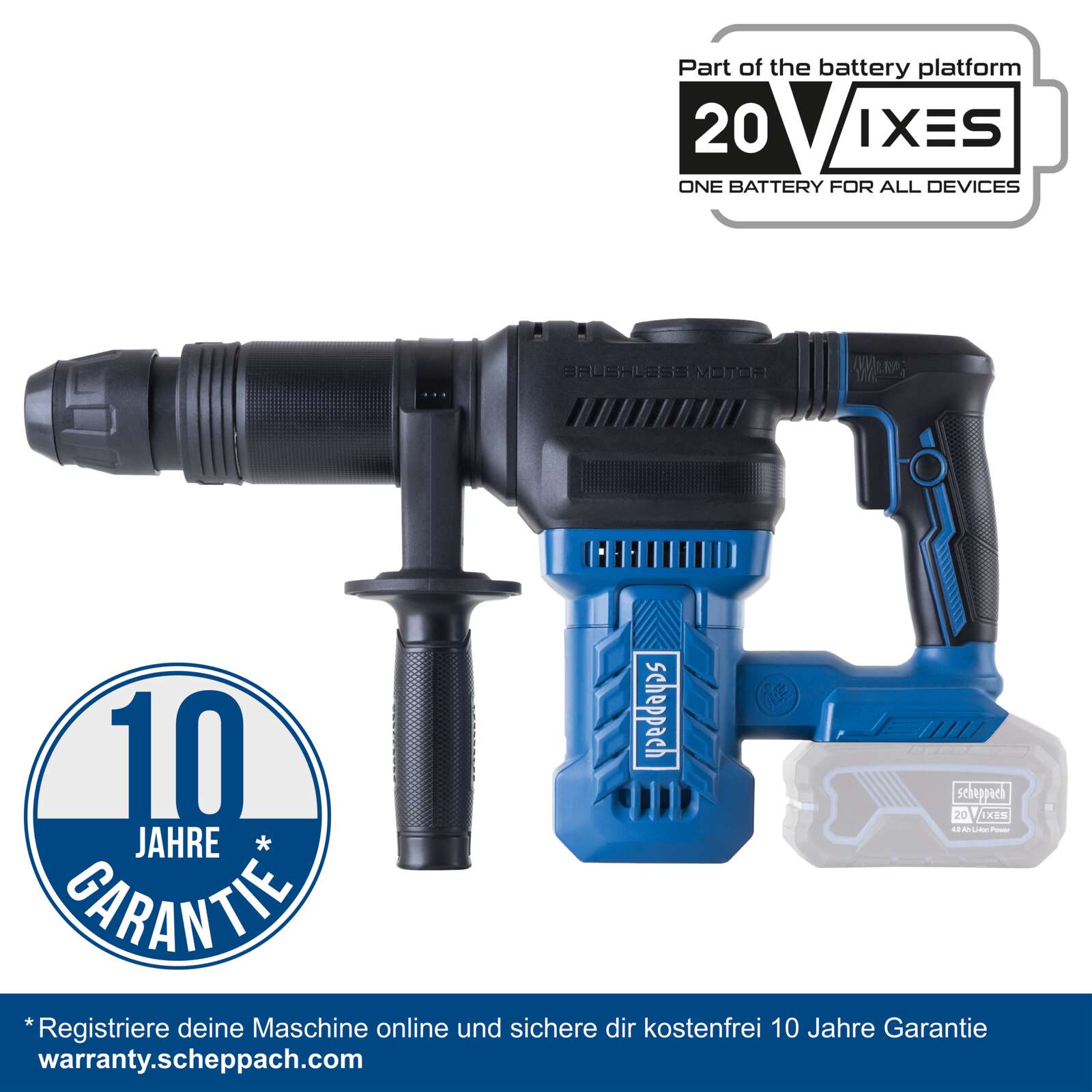Akku Abbruchhammer BC-AB1500-X Scheppach - 20V | 9 Joule | 3400 Schläge/min | SDS-Max Aufnahme | 360° Zusatzhandgriff | LED-Leuchte Bild 4