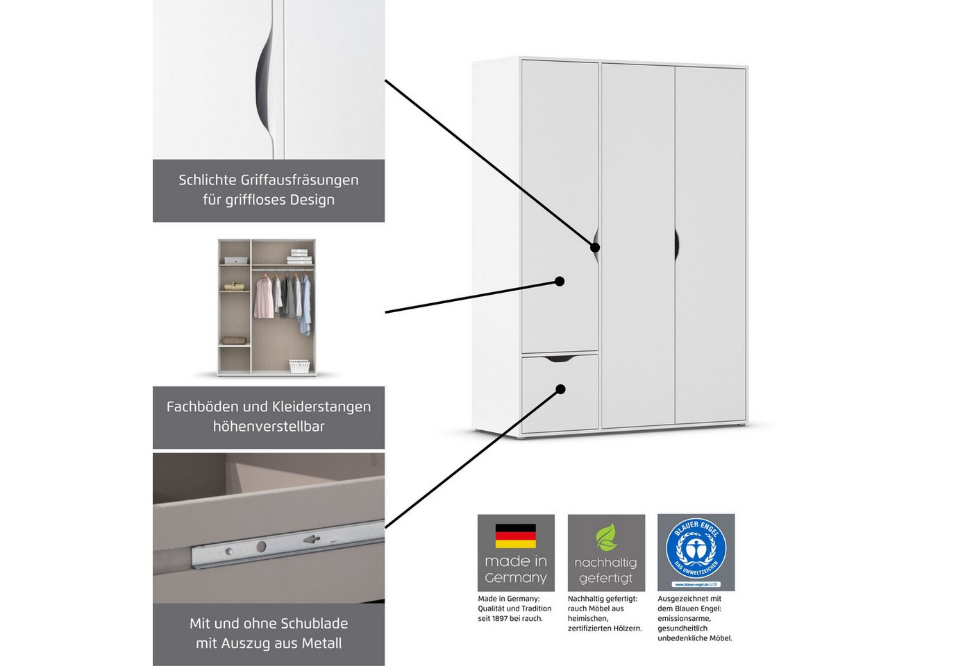 rauch Drehtürenschrank Kleiderschrank Schrank Garderobe Wäscheschrank NARAI viel Stauraum (in 3 verschiedenen Ausstattungen BASIC/CLASSIC/PREMIUM) Griffausfräsungen für eine grifflose Optik TOPSELLER MADE IN GERMANY Bild 5