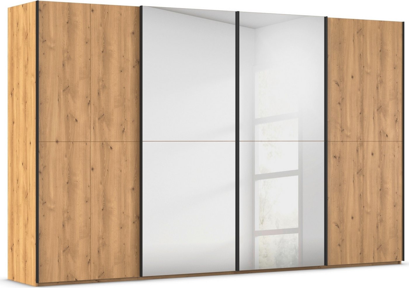 rauch Schwebetürenschrank Kleiderschrank Schrank Garderobe Schlafzimmerschrank SCALE-WOOD edle geteilte Front in massiver Asteiche mit Spiegel MADE IN GERMANY