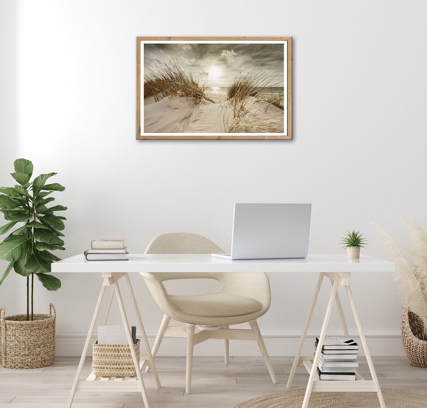 Bönninghoff Bild mit Rahmen Wandbild gerahmt STRANDSONNE 50x70 cm – Maritime Wanddeko Dünen, Düne, Gräser, Küste, Landschaft, Meer, Natur, Sonnenaufgang & -untergang, Strand (1 St), mit dekorativem Rahmen