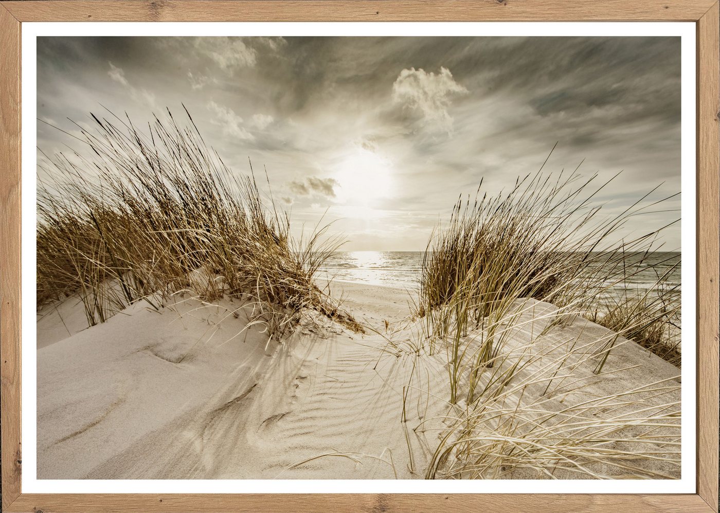 Bönninghoff Bild mit Rahmen Wandbild gerahmt STRANDSONNE 50x70 cm – Maritime Wanddeko Dünen, Düne, Gräser, Küste, Landschaft, Meer, Natur, Sonnenaufgang & -untergang, Strand (1 St), mit dekorativem Rahmen Bild 4