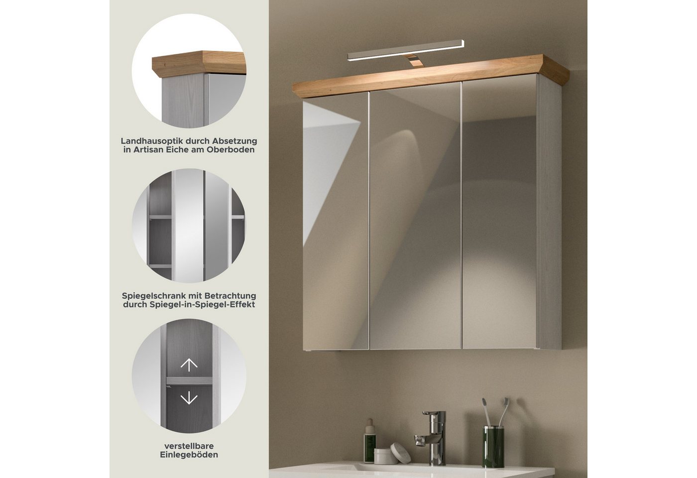 welltime Spiegelschrank COSENZA, inkl. Beleuchtung, Breite 69cm, 3 Spiegeltüren, 9 Fächer (2-St., in Landhausoptik, mit weiteren Artikel der Serie kombinierbar) Spiegelschrank, Spiegel, Bad, Badezimmer Bild 5